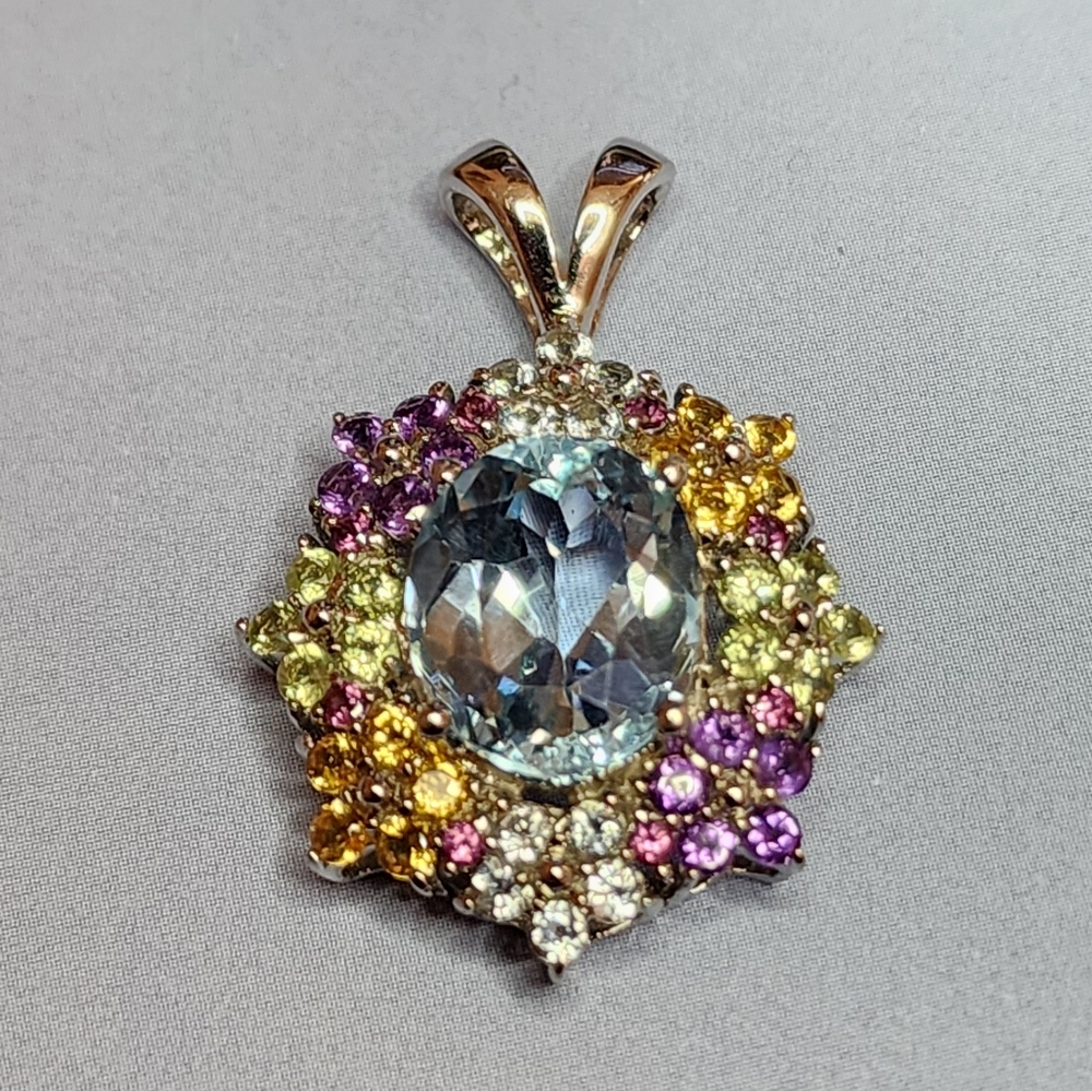 Blue and White Topaz, Amethyst, Citrine and Sterling Pendant